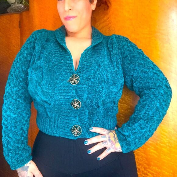 80’s 90’s Vintage Cropped Teal Cardigan Sweater M - Picture 1 of 16